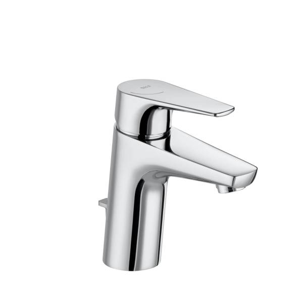 Grifería de lavabo baja Roca Atlas con desagüe automático Cold Start cromo con aireador