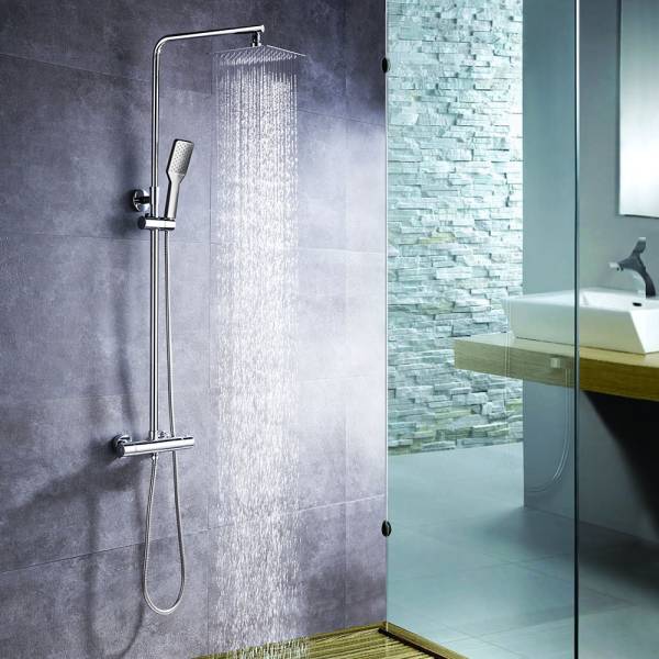 Columna de ducha con tubo redondo extensible de 80 a 120 cm. y grifería termostática con desviador integrado