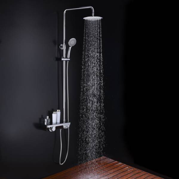 Columna de ducha termostática ARTIC Round, tubo redondo extensible de 82 a 126cm. Grifo termostático con repisa cristal