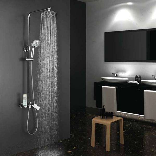 Columna de ducha monomando extralarga redonda modelo DUAL con repisa integrada. Tubo extensible regulable en altura de 100 a 150 cm